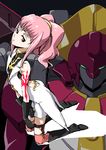  anya_alstreim armor artist_request bare_shoulders black_footwear black_gloves boots code_geass elbow_gloves expressionless from_above full_body gloves hairband kneeling kneepits looking_up machinery mecha mordred_(code_geass) pink_hair ponytail purple_eyes short_hair sidelocks size_difference solo tattoo 
