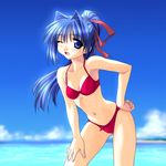  beach bikini blue_eyes blue_hair cloud day kanon long_hair minase_nayuki norizou_type-r one_eye_closed outdoors ponytail sky solo swimsuit 