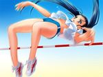  blue_eyes blue_hair bra buruma carnelian gym_uniform high_jump lingerie long_hair mizuno_minori navel solo touka_gettan track_and_field twintails underwear upshirt 