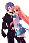  1girl ahoge bad_id bad_pixiv_id black_legwear braid brown_eyes hug kage_kara_mamoru! kagemori_mamoru konnyaku_yuuna long_hair pink_hair school_uniform tensugi_takashi thighhighs 