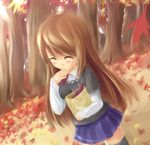  1girl ^_^ autumn autumn_leaves bag black_legwear blush brown_hair closed_eyes cowboy_shot day holding kuro_(be_ok) light_rays long_hair long_sleeves original outdoors pleated_skirt running skirt solo sunlight thighhighs walking zettai_ryouiki 