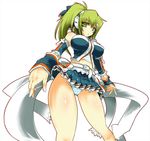  aoguu beatmania beatmania_iidx bemani breasts covered_nipples green_eyes green_hair headphones kitami_erika lace large_breasts midriff panties ponytail skirt solo striped striped_panties thighs underwear upskirt 