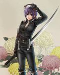  chrysanthemum copyright_request floral_background flower gloves hatake_michi katana lowres purple_hair short_hair solo standing sword weapon 