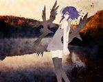  arms_behind_back bare_shoulders bird black_legwear blue_hair dress flat_chest from_behind hakua_ugetsu kagano_ai leaf looking_back mahou_shoujo_ai outdoors red_eyes reflection short_hair smile solo thighhighs third-party_edit wallpaper water 