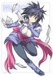  ayase_shinomu black_hair boots bow breasts character_name cleavage copyright_name elbow_gloves fingerless_gloves fujibayashi_shiina gloves huge_breasts japanese_clothes knee_boots ninja pink_bow purple_eyes purple_footwear short_hair skin_tight smile spandex tales_of_(series) tales_of_symphonia 