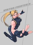  black_bodysuit blonde_hair blue_eyes bodysuit boots breasts copyright_name fingerless_gloves foreshortening g-room_honten gloves large_breasts long_hair ponytail sarah_bryant solo toned virtua_fighter 