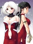  albino armband arms_behind_back black_hair blush bracelet breasts center_opening christmas cleavage copyright_request dress earrings elbow_gloves feathers gloves hair_ornament highres jewelry large_breasts long_hair multiple_girls navel necklace outdoors purple_legwear red_eyes santa_costume short_hair snow thighhighs turtleneck white_hair zundarepon 