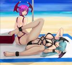  ankle_cuffs ark_(morita_hitomi) bdsm beach bondage bound breasts collar cuffs day demon_girl fingernails harness large_breasts leather lilith_aensland long_fingernails morrigan_aensland multiple_girls nail_polish purple_nails succubus toenail_polish vampire_(game) 