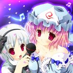  bangs beamed_sixteenth_notes black_bow black_hairband blue_hat bob_cut bow bow_shirt breasts cleavage collarbone eyebrows_visible_through_hair frilled_shirt_collar frills grey_hair grin hairband hat konpaku_youmu large_breasts microphone mob_cap multiple_girls musical_note open_mouth pink_hair pom red_eyes ribbon-trimmed_collar ribbon_trim saigyouji_yuyuko sexually_suggestive short_hair smile touhou triangular_headpiece undone_dress 