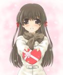  :d blush bow box brown_eyes brown_hair brown_scarf chocolate coat copyright_request hair_ribbon heart-shaped_box hide_(rightstuff_annex) incoming_gift long_hair looking_at_viewer open_mouth ribbon scarf scarf_bow smile solo upper_body valentine 