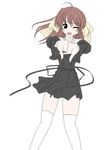  ;d black_dress brown_eyes brown_hair cowboy_shot dress ef frapowa long_sleeves looking_at_viewer miyamura_miyako one_eye_closed open_mouth simple_background smile solo thighhighs white_background white_legwear zettai_ryouiki 