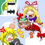  ^_^ animal_ears blonde_hair brown_hair cat_ears cat_tail censored chen closed_eyes earrings fang hair_ribbon hat head_bump identity_censor jewelry kirisame_marisa lakitu long_hair lowres mario_(series) multiple_girls multiple_tails myonde oekaki parody ribbon short_hair smile spiny super_mario_bros. tail touhou witch_hat yakumo_yukari 