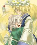  1girl blonde_hair blush bow closed_eyes fox_tail glasses hand_on_another's_head happy hat hug morichika_rinnosuke motherly multiple_tails ono_mochiko open_mouth short_hair silver_hair smile tabard tail touhou yakumo_ran yellow_eyes younger 