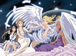  90s aa_megami-sama angel artist_request belldandy black_hair blonde_hair blue_eyes brown_eyes brown_hair dress facial_mark forehead_mark holy_bell jewelry long_hair long_legs multiple_girls purple_eyes ring skuld space urd very_long_hair wallpaper white_hair wings 