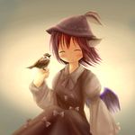  animal_ears bird bird_on_hand blush closed_eyes des dress eurasian_tree_sparrow hat mystia_lorelei pink_hair short_hair smile solo sparrow touhou wings 