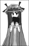  blush book book_to_mouth covering_mouth dress expressionless frills greyscale hat head_tilt hikami_shou holding holding_book jitome looking_at_viewer mob_cap monochrome patchouli_knowledge simple_background solo touhou white_background 