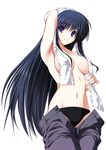  arm_behind_head armpits black_hair black_panties bow bow_panties breasts denim jeans large_breasts long_hair lowleg lowleg_panties navel no_bra open_pants original panties pants purple_eyes sideboob smile solo topless towel towel_on_head underwear yuuki_makoto_(radiant) 