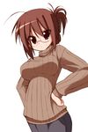  &gt;:( ahoge annoyed brown_hair frown glasses hands_on_hips hoppege impossible_clothes impossible_sweater original red_eyes ribbed_sweater shirt simple_background solo sweater turtleneck v-shaped_eyebrows 