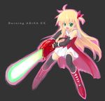  arisa_bannings blonde_hair burning_arisa chainsaw elbow_gloves gloves green_eyes long_hair lyrical_nanoha mahou_shoujo_lyrical_nanoha_strikers minamura_haruki skirt smile solo thighhighs weapon zettai_ryouiki 