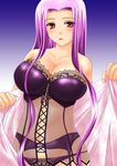  bare_shoulders breasts bustier cleavage collarbone fate/hollow_ataraxia fate/stay_night fate_(series) highres kizaki_yuuri large_breasts lingerie long_hair open_mouth panties purple_hair red_eyes rider solo underwear 