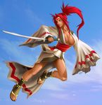  amputee artist_request baiken blue_eyes breasts cleavage day guilty_gear japanese_clothes katana kimono large_breasts obi one-eyed open_clothes open_kimono red_hair sash scar scar_across_eye sky solo sword weapon 