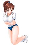  bishoujo_senshi_sailor_moon blush breast_hold breasts brown_hair buruma covered_nipples earrings g-sprite green_eyes gym_uniform hair_bobbles hair_ornament highres jewelry kino_makoto kneeling large_breasts legs ponytail solo white_background 