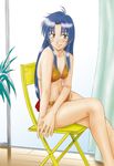  bikini blue_hair blush brown_eyes chair chidori_kaname full_metal_panic! legs long_hair low-tied_long_hair misnon_the_great orange_bikini sitting solo swimsuit 