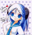  blue_eyes blue_hair borrowed_character glasses habanero-tan horns lowres milk milk-san original shirohebidou solo 