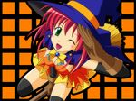  ;d bare_shoulders black_gloves black_legwear bow bowtie brooch dress ebihara_kyousuke elbow_gloves from_above gem gloves green_eyes hat jewelry looking_at_viewer one_eye_closed open_mouth original red_dress red_hair smile solo thighhighs witch witch_hat yellow_bow yellow_neckwear zettai_ryouiki 