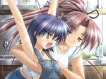  :3 blue_hair breast_squeeze breasts fangs game_cg large_breasts mimura_satomi multiple_girls overalls ribbon saeki_youko sakaki_maki sarashi small_breasts surprised to... yuri 