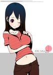  aoki_shin black_hair blush breasts copyright_request denim huge_breasts jeans long_hair midriff one_eye_closed pants solo 