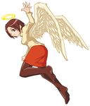  artist_request brown_eyes brown_hair futaba_administrator futaba_channel halo pantyhose short_hair solo waving wings 