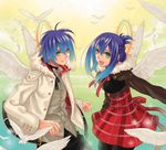  1girl blue_hair copyright_request feathers hatake_michi jacket lowres pantyhose skirt wings 