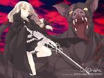  :p bare_legs battle black_skirt blonde_hair brown_eyes cape claws frilled_skirt frills gagraphic leg_up long_hair monster open_mouth red_sky sharp_teeth shirota_dai skirt sky standing standing_on_one_leg teeth tongue tongue_out wallpaper yellow_eyes 