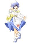  :d bare_legs blue_eyes blue_hair dress full_body long_sleeves lowe_(slow) open_mouth shoes simple_background smile solo standing suka ukagaka white_background white_dress 