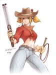  belt blonde_hair blue_eyes copyright_request cowboy_hat denim double-barreled_shotgun front-tie_top gloves gun hat highres jeans midriff mouth_hold navel omar_dogan pants shirt shotgun signature sleeves_rolled_up solo tied_shirt twintails weapon western whip 