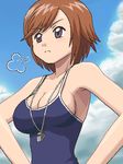  awa breasts brown_hair cleavage grey_eyes hands_on_hips houin_kyouko kodomo_no_jikan large_breasts lowres oekaki one-piece_swimsuit school_swimsuit short_hair sideboob sign solo swimsuit undersized_clothes whistle 