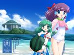  2girls :d android bare_legs beach blue_eyes bow cloud copyright_name cropped_jacket day food forest fruit green_eyes green_hair hair_bow hair_tubes highres holding holding_food holding_fruit innertube long_sleeves looking_at_viewer multiple_girls nature ocean one-piece_swimsuit open_mouth outdoors petite phantasy_star phantasy_star_universe puffy_sleeves purple_hair ribbon robot_ears s_nyaau school_swimsuit sky smile standing swimsuit text_focus wallpaper water waterfall watermelon white_school_swimsuit white_swimsuit 