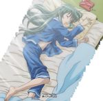  barefoot bed book green_hair hayate_no_gotoku! kijima_saki long_hair midriff pajamas screencap sleeping solo stitched subtitled third-party_edit 