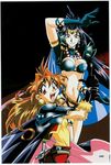  90s arm_up armlet armor artist_request belt bikini black_eyes blue_hair breasts cape cleavage fang finger_gun fur gloves hair_intakes headband highres jewelry large_breasts lina_inverse long_hair multicolored multicolored_cape multicolored_clothes multiple_girls naga_the_serpent necklace orange_hair red_eyes revealing_clothes scan scan_artifacts skull slayers spikes swimsuit sword thigh_strap turtleneck very_long_hair weapon 