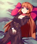  blue_eyes blush brown_hair hime_cut long_hair lying on_back solo subaru_(yachika) umineko_no_naku_koro_ni ushiromiya_rosa 