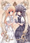  black_dress black_hair blonde_hair blue_eyes copyright_request dress gloves gothic_lolita hairband holding_hands interlocked_fingers lolita_fashion lolita_hairband long_hair mirror_twins multiple_girls polar_opposites red_eyes ribbon smile white_dress yukiwo 