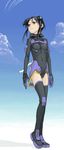  aesha_krishnam bindi black_footwear black_gloves black_hair black_legwear black_leotard boots breasts cloud condensation_trail covered_navel day expressionless facial_mark forehead_mark gloves headgear leotard looking_to_the_side motion_slit oekaki pilot_suit red_eyes satou_atsuki shadow short_hair_with_long_locks sidelocks sky sky_girls small_breasts solo standing thigh_boots thighhighs turtleneck 