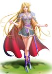  armor armored_dress blonde_hair blue_eyes boots cape crescent crescent_hair_ornament full_body hair_ornament long_hair looking_at_viewer panties see-through sharon_(words_worth) sheath sheathed solo standing sword takatan underwear very_long_hair weapon words_worth 