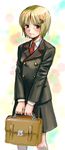  alternate_costume black_skirt blazer blonde_hair blush brown_eyes buttons grey_legwear holding jacket looking_at_viewer lunasa_prismriver school_briefcase school_uniform shimakusa_arou short_hair skirt solo thighhighs touhou zettai_ryouiki 