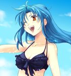  artist_request bikini blue_hair chidori_kaname day full_metal_panic! long_hair lowres one_eye_closed orange_eyes solo swimsuit 