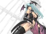  ark_(morita_hitomi) breasts demon_girl demon_wings elbow_gloves eyepatch gloves green_hair head_wings large_breasts leather lips long_hair morrigan_aensland navel purple_wings solo source_request succubus thighhighs vampire_(game) whip wings 