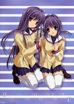  2girls absurdres artist_request calendar_(medium) clannad fujibayashi_kyou fujibayashi_ryou highres hikarizaka_private_high_school_uniform multiple_girls october official_art school_uniform september siblings sisters smile thighhighs twins zettai_ryouiki 