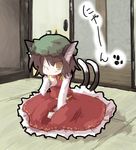  animal_ears brown_eyes brown_hair cat_ears cat_tail chen dress hat multiple_tails nyan one_eye_closed paw_pose sasane solo tail touhou 