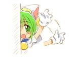  :d afterimage bell blush brooch dejiko di_gi_charat gem green_eyes green_hair jewelry jingle_bell looking_at_viewer lowres motion_lines open_mouth shirt shoes short_sleeves smile solo suka waving white_shirt 